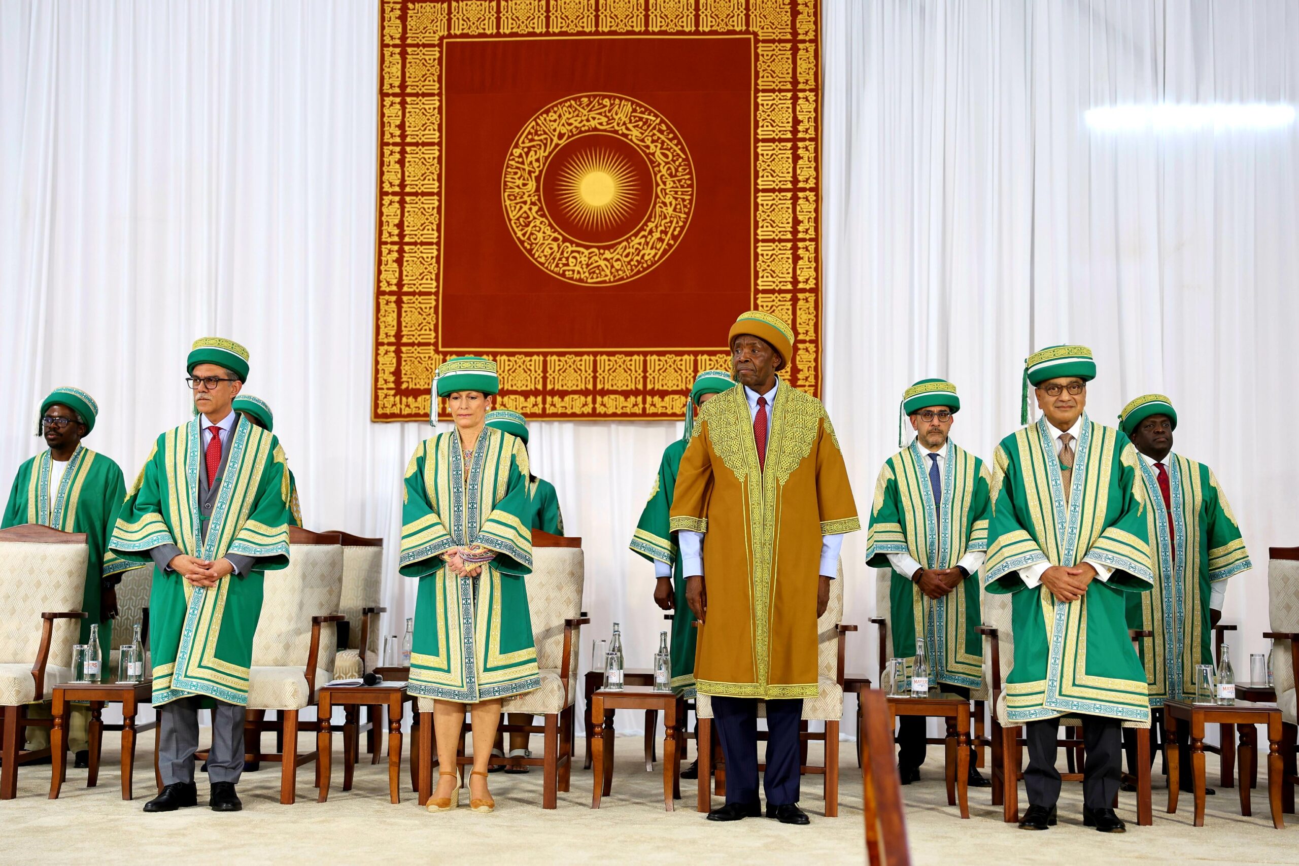 Aga Khan University President Dr. Sulaiman Shahabuddin, Aga Khan University Trustee Princess Zahra Aga Khan, Chief Guest Education Cabinet Secretary Hon. Ezekiel Machogu and Aga Khan University Kenya University Council Chairman Moyez Alibhai during the university's convocation ceremony.