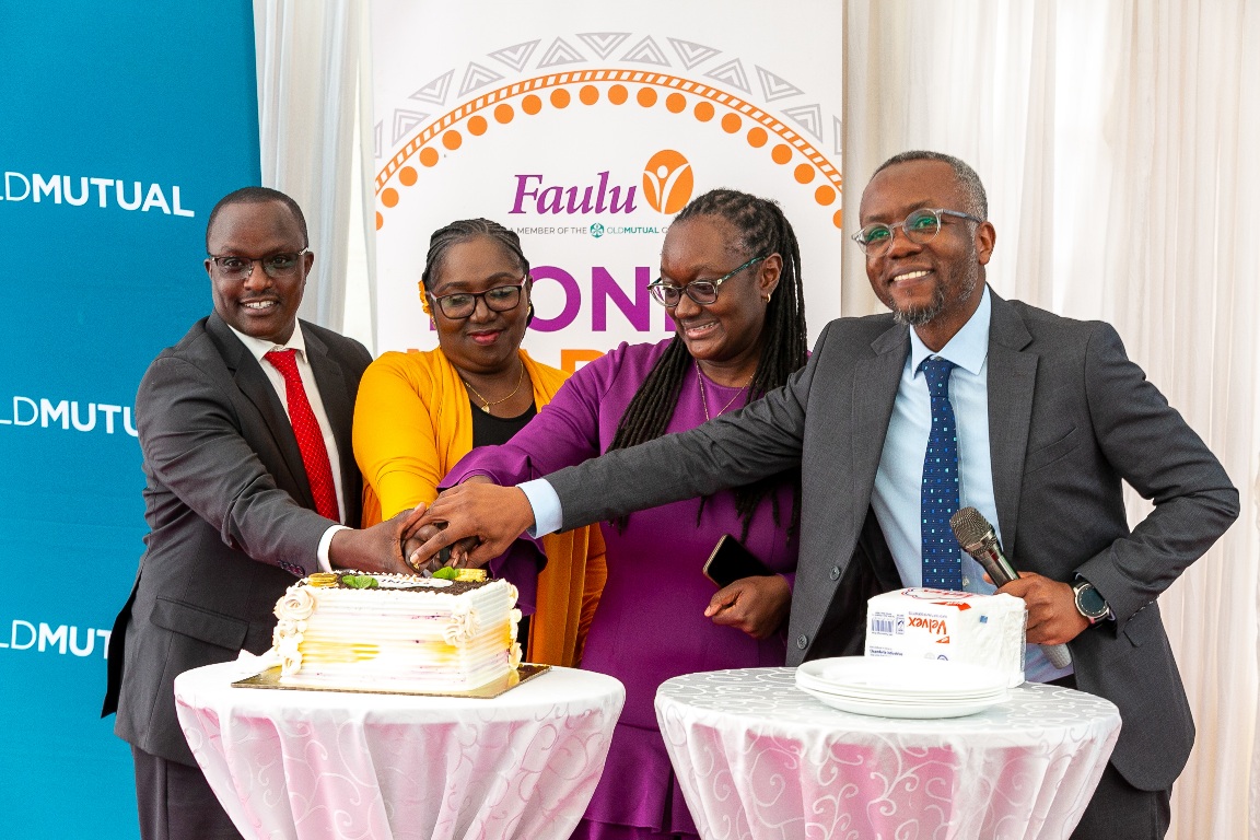  (L-R) Faulu Microfinance Bank Head of Business Growth & Bancassurance, Justus Kittony; Old Mutual Investment Group Head of Operations, Anne Nyamu; Faulu Microfinance Bank Senior Manager Customer Experience, Gloria Chaponda; and Faulu Microfinance Bank Head of Business Growth & Bancassurance, Justus Kittony, cut a cake during the launch of the Faulu Bank Money Market Fund (MMF) in Nairobi. The fund, which will be managed by OMIG, will allow Faulu's customers to invest in short-term financial instruments, earning competitive returns.