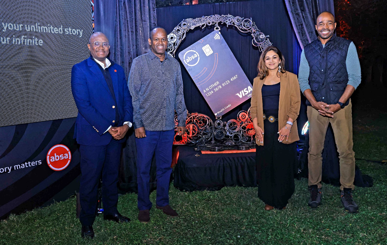 Absa Bank Kenya Consumer Banking Director Moses Muthui, MD Abdi Mohamed, Director Affluent Banking, Seema de Souza and Visa East Africa Vice President and General Manager Chad Pollock during the launch of Absa Visa Infinite Card, Kenya's first metallic card that aims to redefine banking experience for the affluent. 