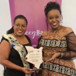 Family Bank Snr Relationship Manager Women Banking Celina Njomo & Head of Women Banking Rose Kamene during the inaugural Banking on Women Awards where the Bank won the Access to Funding Award for empowering women entrepreneurs through its Queen Banking product.