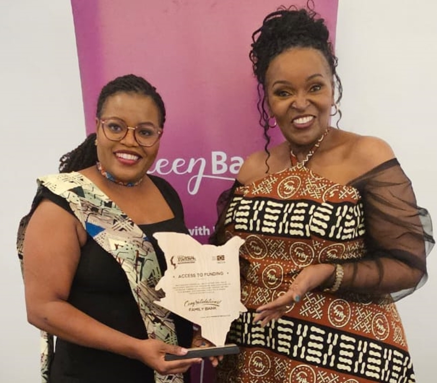 Family Bank Snr Relationship Manager Women Banking Celina Njomo & Head of Women Banking Rose Kamene during the inaugural Banking on Women Awards where the Bank won the Access to Funding Award for empowering women entrepreneurs through its Queen Banking product.