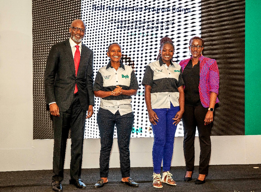 From Left, Kenneth Anye, Bolt Director of Public Policy, with Nancy Walugha and Dorine Adhiambo, the only two women drivers that made it to the top 20 participants in the Accelerator Program. Looking on is Wanjiru Mwangi, the Head of Regional People Partnering Africa at Bolt.