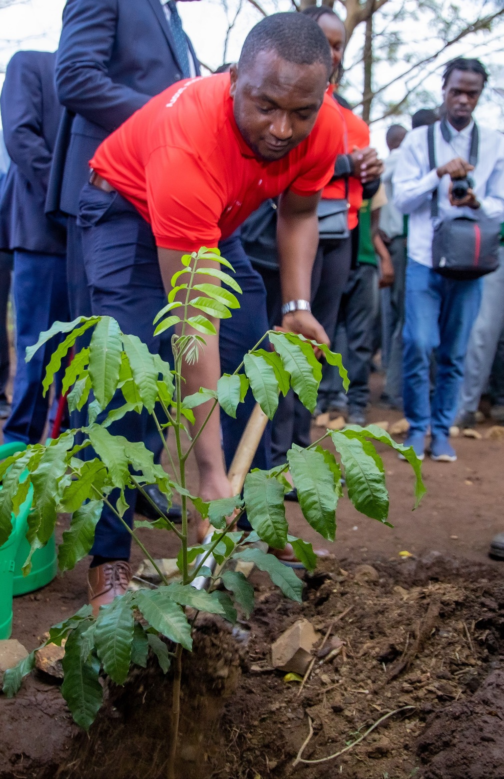 Absa Bank Kenya Head of Sustainability, Communications and Corporate Affairs Charles Wokabi plants a tree at Kisumu Day and Boarding High School to mark the Absa Kenya Foundation's first initiative handing over textbooks and learning material valued at KES600,000.