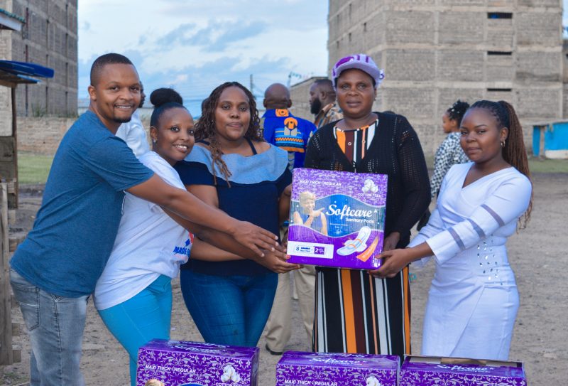 Superior Homes Sales Executive Stephen Ndung'u Gichura, Lake Elementaita Mountain Lodge Reservations Executive Domisia Wangui Muriuki, Superior Homes CSR Coordinator Faith Wambui Muthigani hand over sanitary towels to Liberty Care Centre Children’s Home Matron Concepther Wanjala and Director, Shalom Naomi Muhenge 