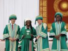 Princes Zahra Aga Khan (2L) & Aga Khan University President Suleiman Shahabuddin award Bachelor of Science in Nursing Graduate & Valedictorian Elosy Naitore the Academic Excellence award during the University’s convocation ceremony in Kenya where 164 students were conferred degrees in nursing, midwifery, education, digital journalism, media leadership and medicine. Looking on is School of Nursing and Midwifery, EA Dean Prof. Eunice Ndirangu. ( Credit- Akbar Hakim)