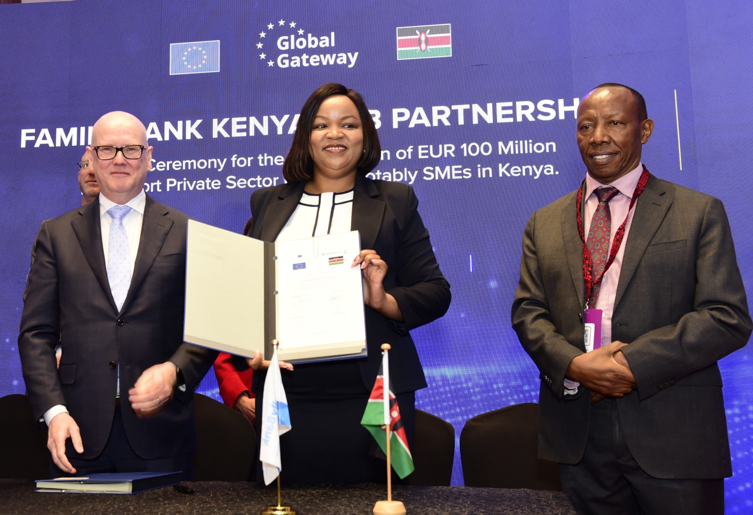 Family Bank Chair Lazarus Muema, CEO Nancy Njau & European Investment Bank Vice President Thomas Ostros during the signing of a partnership mobilising KES.14.7 billion to expand credit access for women-owned/led enterprises and youth entrepreneurs, with each institution contributing half of the total funding.