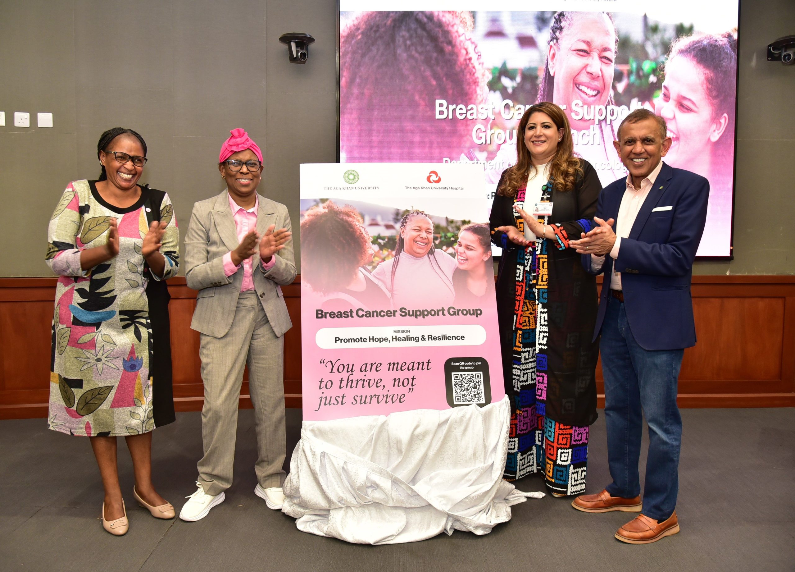 Caregiver Lucy Muchina, Cancer Warrior & Patient Advocate Lilian Obetto, Aga Khan University Hospital Clinical Psychologist Zahra Haji and Chair, Department of Haematology and Oncology Prof. Mansoor Saleh during the launch of a dedicated breast cancer support group that will offer care, compassion and support for patients, survivors, and caregivers.