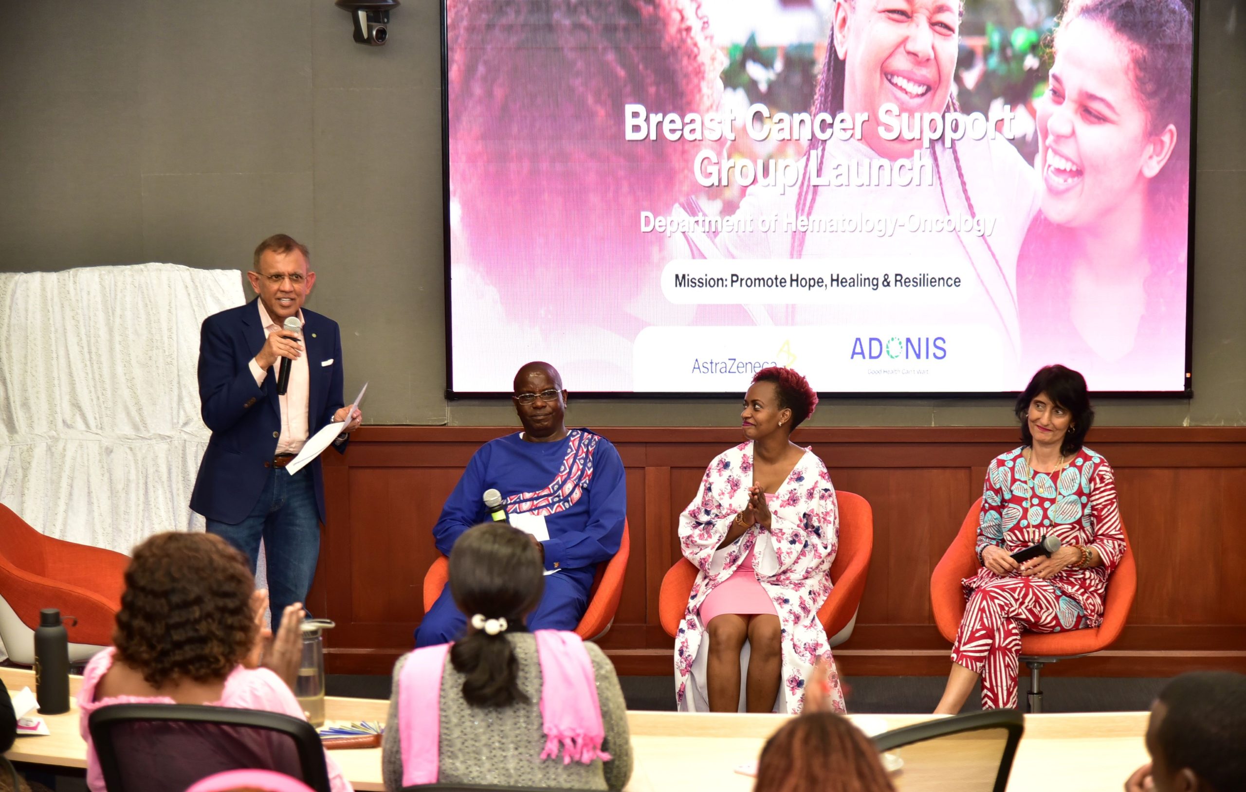 Aga Khan University Hospital Chair, Department of Haematology and Oncology Prof. Mansoor Saleh moderates a panel discussion with cancer caregiver John Maina and breast cancer warriors Eunice Mutiso and Shahzad Shamasdin during the launch of a dedicated breast cancer support group, a major step towards enhancing the emotional and psychosocial support for breast cancer patients, survivors, and caregivers.