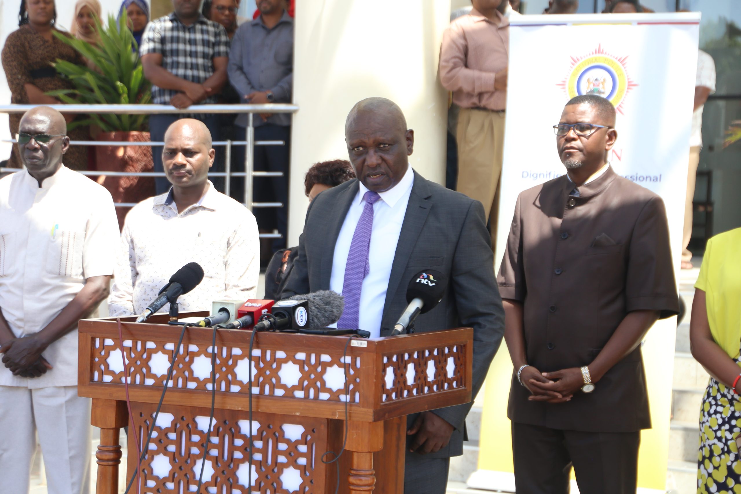 Photos taken during a media briefing at end of the commissioners' induction retreat outside the Kenya School of Government in Mombasa county.